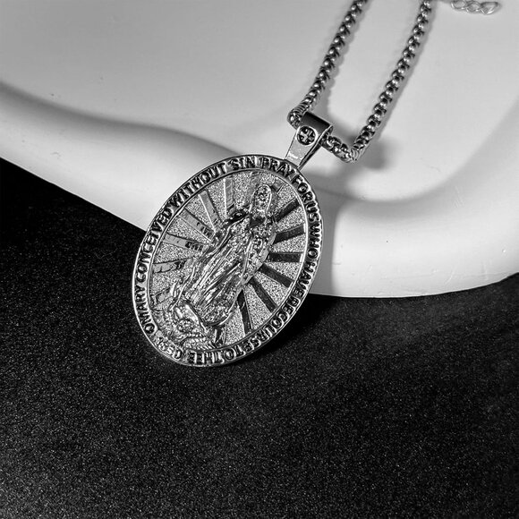 Virgin Mary Patron Saint Necklace Silver Oval Medallion with Bible Verses - Picture 7 of 9